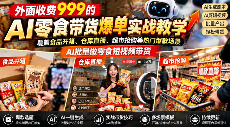 外面收费999的AI零食带货爆单实战教学,覆盖食品开箱、仓库直播、超市抢购等热门爆款场景,AI批量做零食短视频带货网络赚钱,项目资源网,副业资源网,兼职项目,网赚课程-副业赚钱-互联网创业-独家轻创IP大圣网创