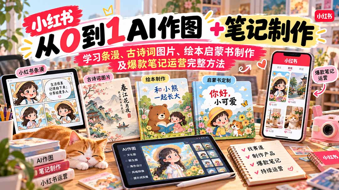 2026小红书AI内容创作从0到1-更新1017：学习条漫、古诗词图片、绘本启蒙书制作及爆款笔记运营完整方法网络赚钱,项目资源网,副业资源网,兼职项目,网赚课程-副业赚钱-互联网创业-独家轻创IP大圣网创