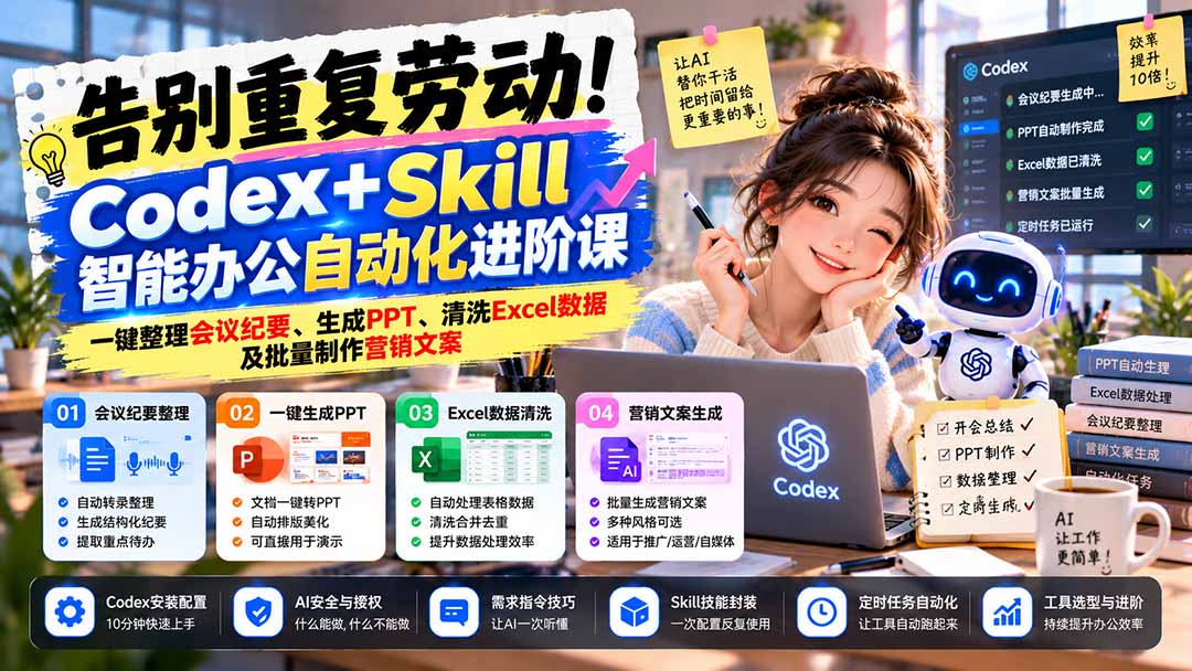 告别重复劳动！Codex+Skill智能办公自动化进阶课：一键整理会议纪要、生成PPT、清洗Excel数据及批量制作营销文案网络赚钱,项目资源网,副业资源网,兼职项目,网赚课程-副业赚钱-互联网创业-独家轻创IP大圣网创