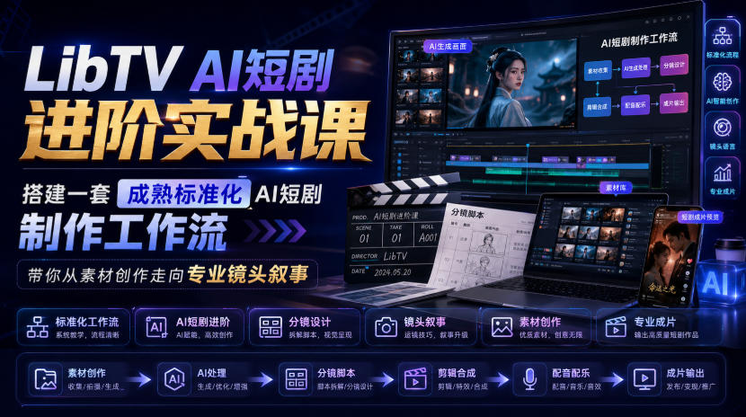 LibTV AI短剧进阶实战课，搭建一套成熟标准化AI短剧制作工作流，带你从素材创作走向专业镜头叙事(更新)网络赚钱,项目资源网,副业资源网,兼职项目,网赚课程-副业赚钱-互联网创业-独家轻创IP大圣网创
