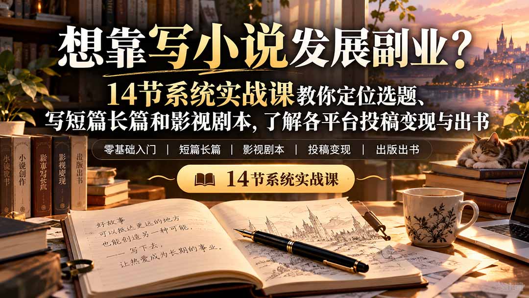 【无水印】想靠写小说发展副业?14节系统实战课教你定位选题、写短篇长篇和影视剧本,了解各平台投稿变现与出书网络赚钱,项目资源网,副业资源网,兼职项目,网赚课程-副业赚钱-互联网创业-独家轻创IP大圣网创