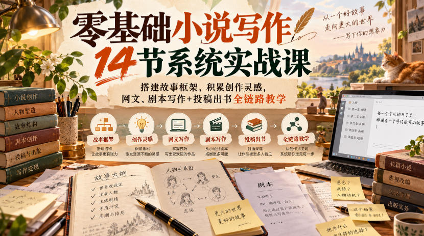 零基础小说写作14节系统实战课，搭建故事框架，积累创作灵感，网文、剧本写作+投稿出书全链路教学网络赚钱,项目资源网,副业资源网,兼职项目,网赚课程-副业赚钱-互联网创业-独家轻创IP大圣网创