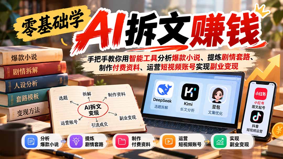 零基础学AI拆文赚钱:手把手教你用智能工具分析爆款小说、提炼剧情套路、制作付费资料、运营短视频账号实现副业变现网络赚钱,项目资源网,副业资源网,兼职项目,网赚课程-副业赚钱-互联网创业-独家轻创IP大圣网创