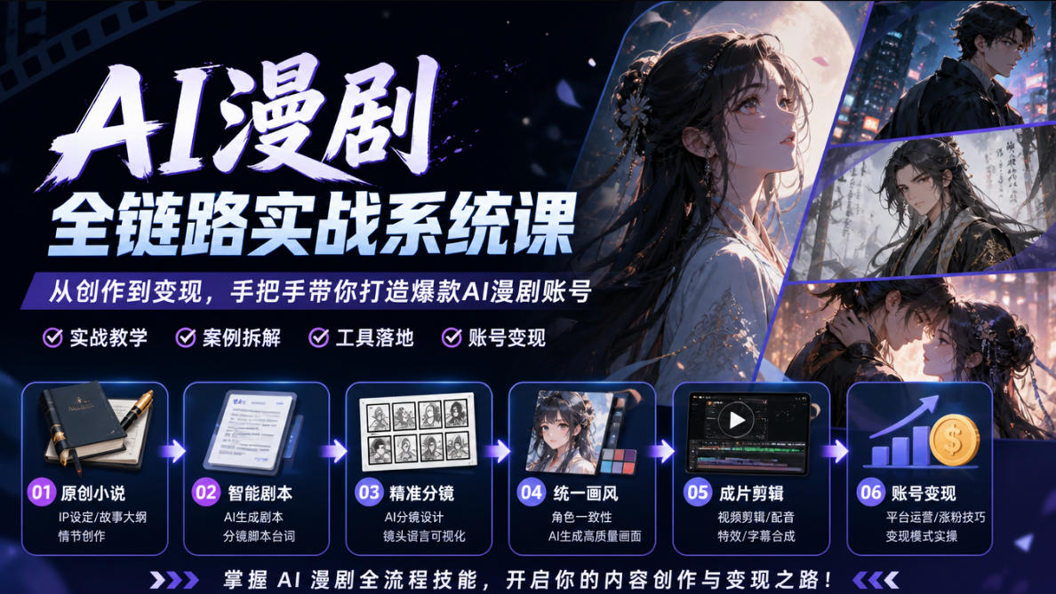 AI漫剧全链路实战系统课｜原创小说、智能剧本、精准分镜、统一画风、成片剪辑、账号变现实操教学(更新1018)网络赚钱,项目资源网,副业资源网,兼职项目,网赚课程-副业赚钱-互联网创业-独家轻创IP大圣网创