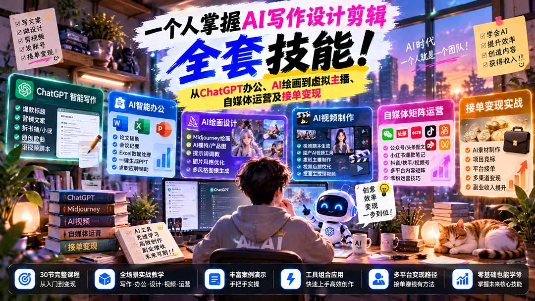 一个人掌握AI写作设计剪辑全套技能：从ChatGPT办公、AI绘画到虚拟主播、自媒体运营及接单变现网络赚钱,项目资源网,副业资源网,兼职项目,网赚课程-副业赚钱-互联网创业-独家轻创IP大圣网创