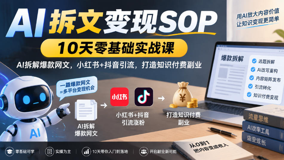 AI拆文变现SOP|10天零基础实战课,AI拆解爆款网文,小红书+抖音引流,打造知识付费副业网络赚钱,项目资源网,副业资源网,兼职项目,网赚课程-副业赚钱-互联网创业-独家轻创IP大圣网创