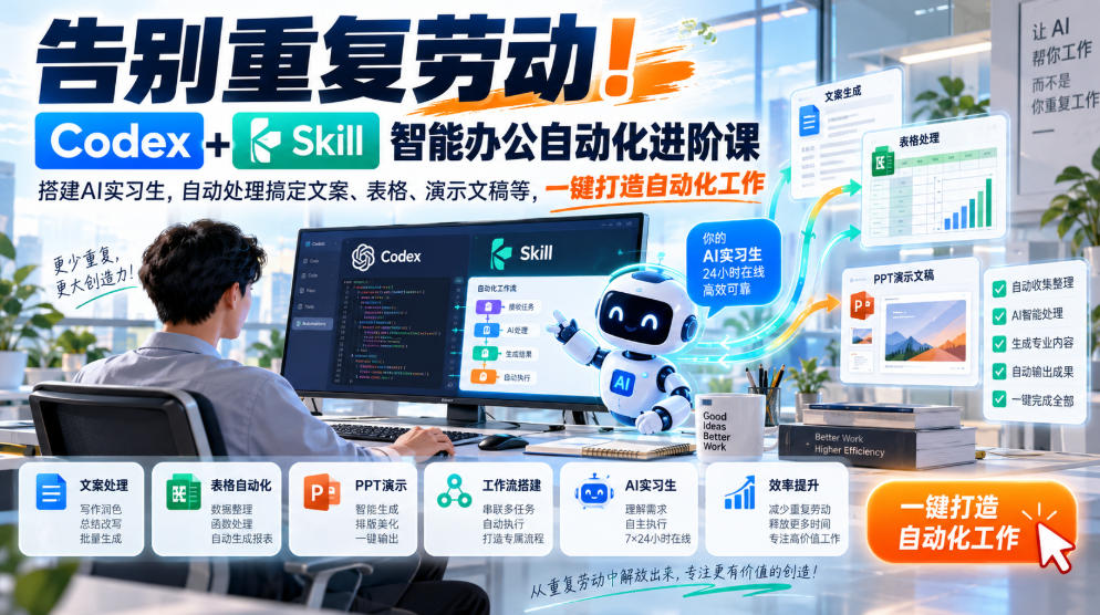 告别重复劳动！Codex+Skill智能办公自动化进阶课｜搭建AI实习生，自动处理搞定文案、表格、演示文稿等，一键打造自动化工作网络赚钱,项目资源网,副业资源网,兼职项目,网赚课程-副业赚钱-互联网创业-独家轻创IP大圣网创