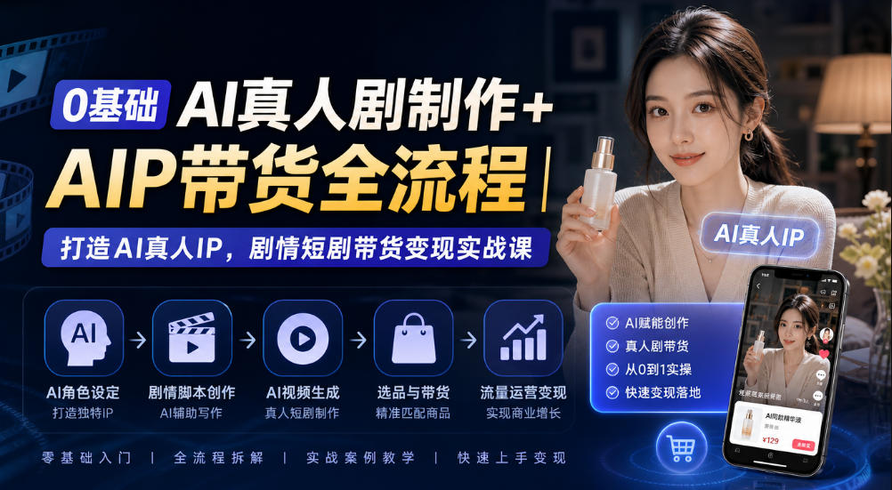 0基础AI真人剧制作+AIP带货全流程｜打造AI真人IP，剧情短剧带货变现实战课网络赚钱,项目资源网,副业资源网,兼职项目,网赚课程-副业赚钱-互联网创业-独家轻创IP大圣网创