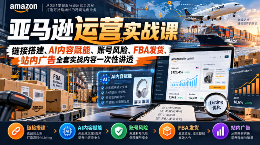 亚马逊运营实战课,链接搭建、AI内容赋能、账号风险、FBA发货、站内广告全套实战内容一次性讲透网络赚钱,项目资源网,副业资源网,兼职项目,网赚课程-副业赚钱-互联网创业-独家轻创IP大圣网创