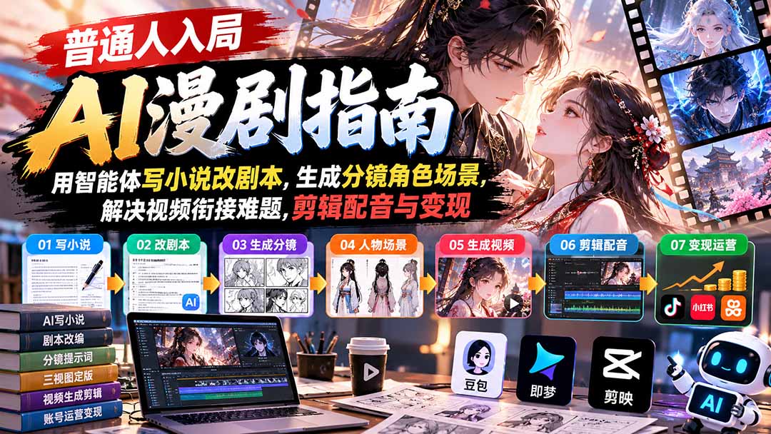 【无水印】普通人入局AI漫剧指南:用智能体写小说改剧本,生成分镜角色场景,解决视频衔接难题,剪辑配音与变现网络赚钱,项目资源网,副业资源网,兼职项目,网赚课程-副业赚钱-互联网创业-独家轻创IP大圣网创
