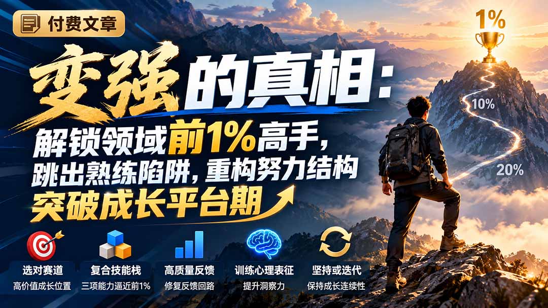 付费文章：变强的真相：解锁领域前1%高手，跳出熟练陷阱，重构努力结构突破成长平台期网络赚钱,项目资源网,副业资源网,兼职项目,网赚课程-副业赚钱-互联网创业-独家轻创IP大圣网创