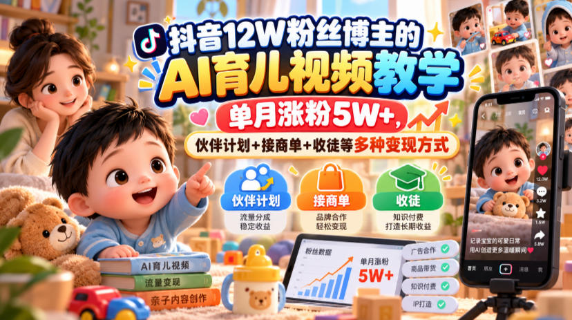抖音12W粉丝博主的AI育儿视频教学,单月涨粉5W+,伙伴计划+接商单+收徒等多种变现方式网络赚钱,项目资源网,副业资源网,兼职项目,网赚课程-副业赚钱-互联网创业-独家轻创IP大圣网创