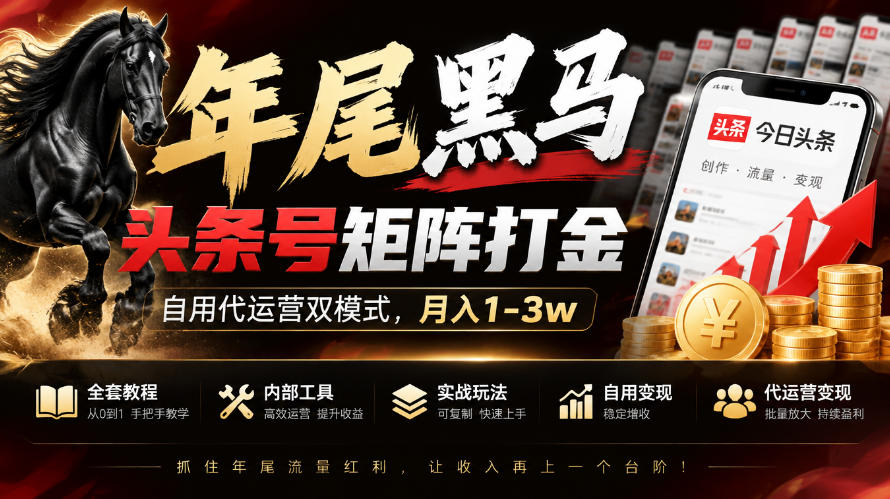 【年尾黑马】头条号矩阵打金,自用代运营双模式,月入1-3w,附全套教程及内部工具【揭秘】网络赚钱,项目资源网,副业资源网,兼职项目,网赚课程-副业赚钱-互联网创业-独家轻创IP大圣网创