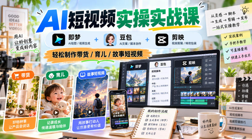 AI短视频实操实战课,即梦+豆包+剪映,轻松制作带货/育儿/故事短视频网络赚钱,项目资源网,副业资源网,兼职项目,网赚课程-副业赚钱-互联网创业-独家轻创IP大圣网创