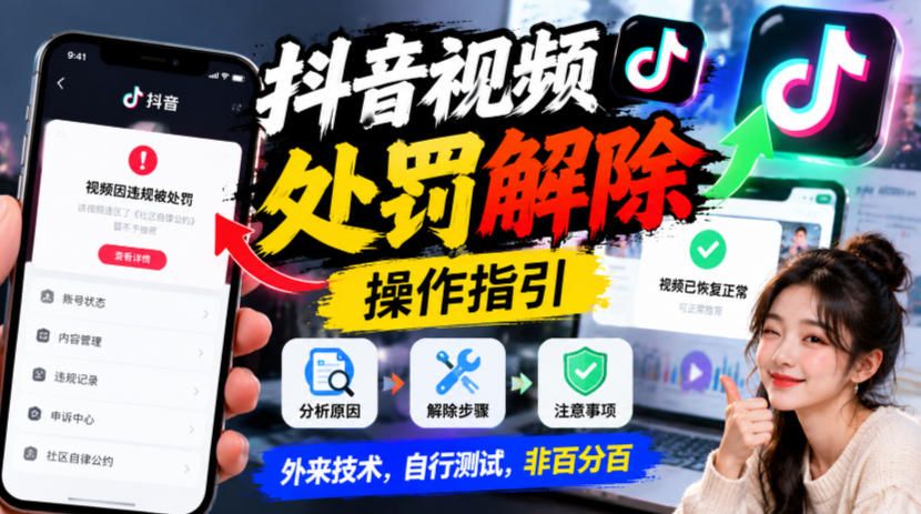 抖音视频处罚解除操作指引，外来技术，自行测试，非百分百网络赚钱,项目资源网,副业资源网,兼职项目,网赚课程-副业赚钱-互联网创业-独家轻创IP大圣网创