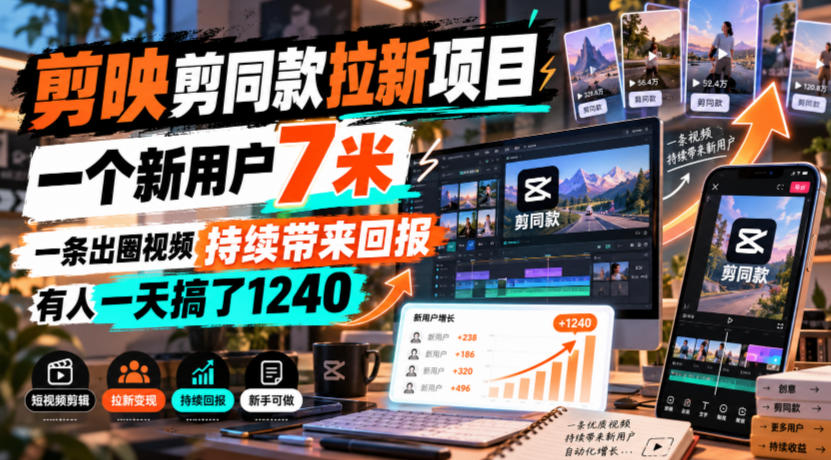剪映剪同款拉新项目，一个新用户7米，一条出圈视频持续带来回报，有人一天搞了1240网络赚钱,项目资源网,副业资源网,兼职项目,网赚课程-副业赚钱-互联网创业-独家轻创IP大圣网创