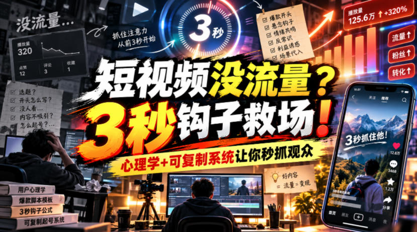 【无水印】短视频没流量?3秒钩子救场!心理学+可复制系统让你秒抓观众【原创双语字幕】网络赚钱,项目资源网,副业资源网,兼职项目,网赚课程-副业赚钱-互联网创业-独家轻创IP大圣网创