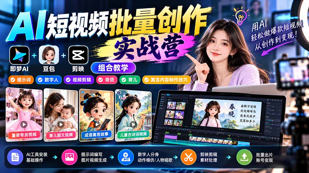 【无水印】AI短视频批量创作实战营：即梦+豆包+剪映组合教学，提示词/数字人/视频剪辑/带货/育儿/寓言内容制作技巧网络赚钱,项目资源网,副业资源网,兼职项目,网赚课程-副业赚钱-互联网创业-独家轻创IP大圣网创