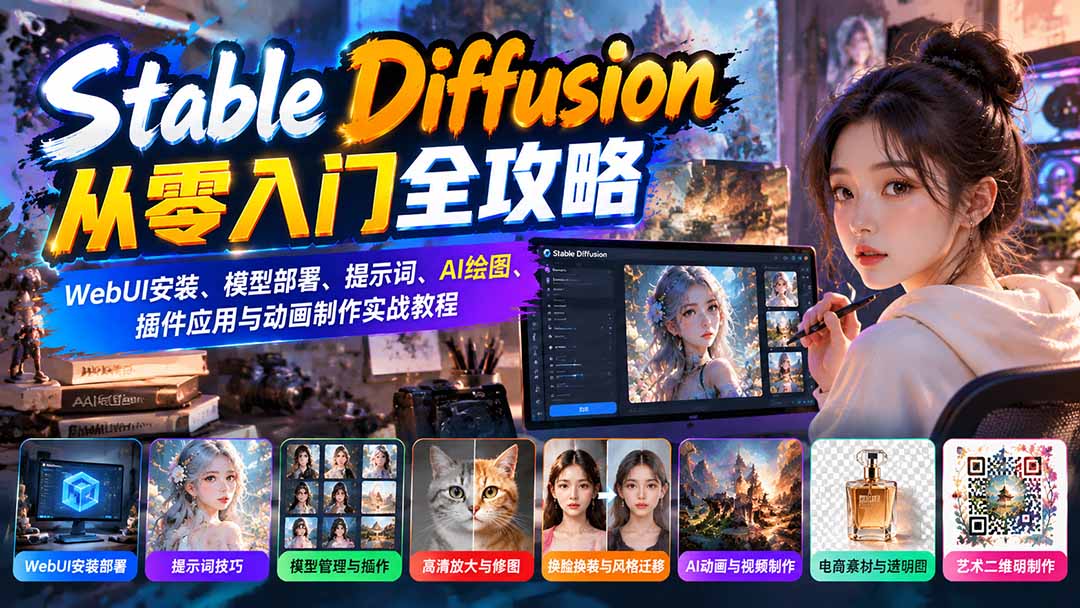 Stable Diffusion从零入门全攻略：WebUI安装、模型部署、提示词、AI绘图、插件应用与动画制作实战教程网络赚钱,项目资源网,副业资源网,兼职项目,网赚课程-副业赚钱-互联网创业-独家轻创IP大圣网创
