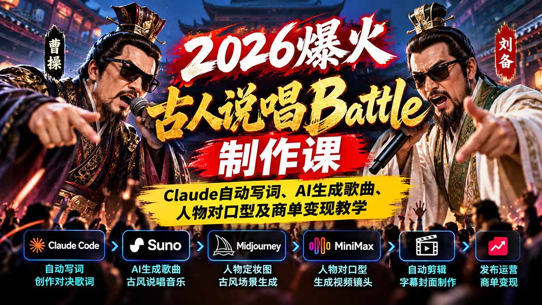 2026爆火古人说唱Battle制作课：Claude自动写词、AI生成歌曲、人物对口型及商单变现教学网络赚钱,项目资源网,副业资源网,兼职项目,网赚课程-副业赚钱-互联网创业-独家轻创IP大圣网创