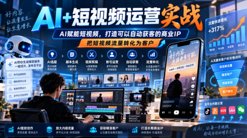 AI+短视频运营实战，AI赋能短视频，打造可以自动获客的商业IP，把短视频流量转化为客户网络赚钱,项目资源网,副业资源网,兼职项目,网赚课程-副业赚钱-互联网创业-独家轻创IP大圣网创