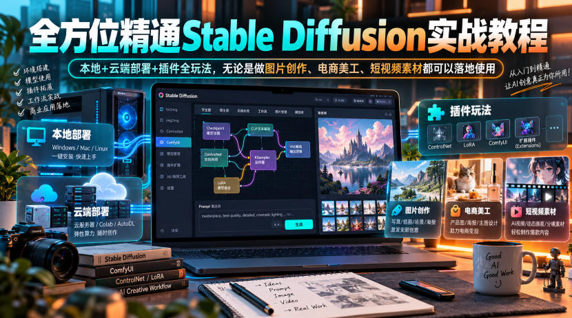 全方位精通Stable Diffusion实战教程｜本地+云端部署+插件全玩法，无论是做图片创作、电商美工、短视频素材都可以落地使用网络赚钱,项目资源网,副业资源网,兼职项目,网赚课程-副业赚钱-互联网创业-独家轻创IP大圣网创