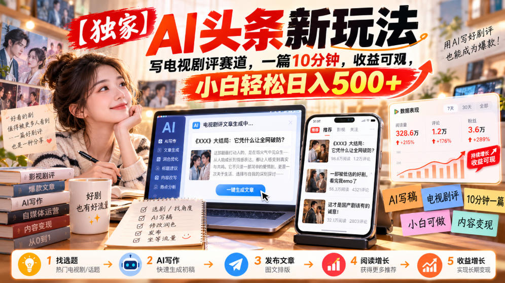 【独家】AI头条新玩法，写电视剧评赛道，一篇10分钟，收益可观，小白轻松日入500+网络赚钱,项目资源网,副业资源网,兼职项目,网赚课程-副业赚钱-互联网创业-独家轻创IP大圣网创
