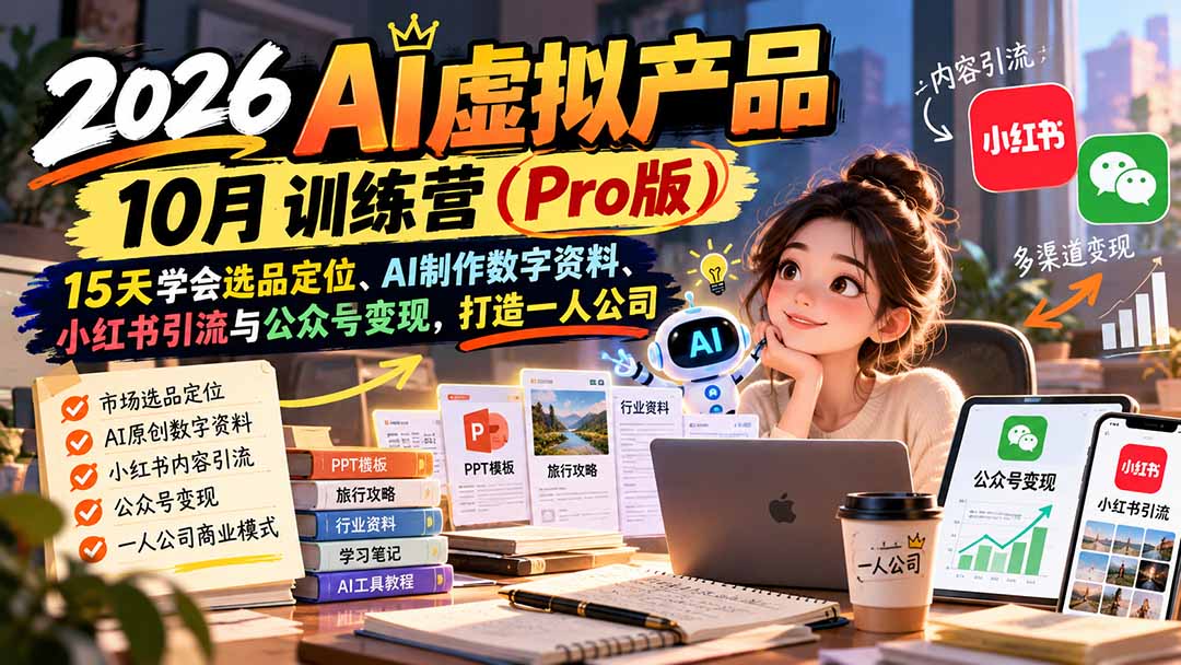 2026AI虚拟产品10月训练营(Pro版网络赚钱,项目资源网,副业资源网,兼职项目,网赚课程-副业赚钱-互联网创业-独家轻创IP大圣网创