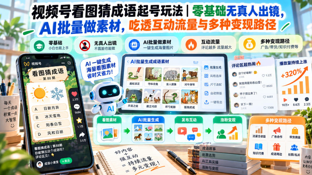 视频号看图猜成语起号玩法｜零基础无真人出镜，AI批量做素材，吃透互动流量与多种变现路径网络赚钱,项目资源网,副业资源网,兼职项目,网赚课程-副业赚钱-互联网创业-独家轻创IP大圣网创