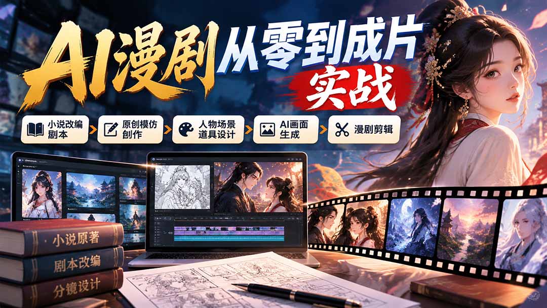 AI漫剧从零到成片实战：小说改编剧本、原创模仿创作、人物场景道具设计、AI画面生成与漫剧剪辑网络赚钱,项目资源网,副业资源网,兼职项目,网赚课程-副业赚钱-互联网创业-独家轻创IP大圣网创