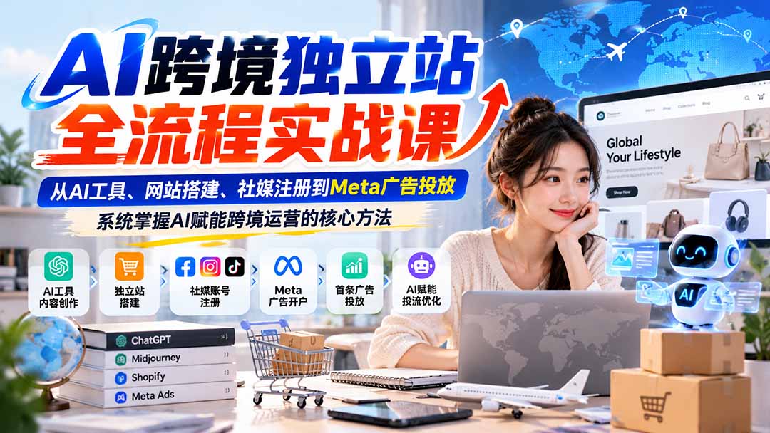 AI跨境独立站全流程实战课:从AI工具、网站搭建、社媒注册到Meta广告投放,系统掌握AI赋能跨境运营的核心方法网络赚钱,项目资源网,副业资源网,兼职项目,网赚课程-副业赚钱-互联网创业-独家轻创IP大圣网创