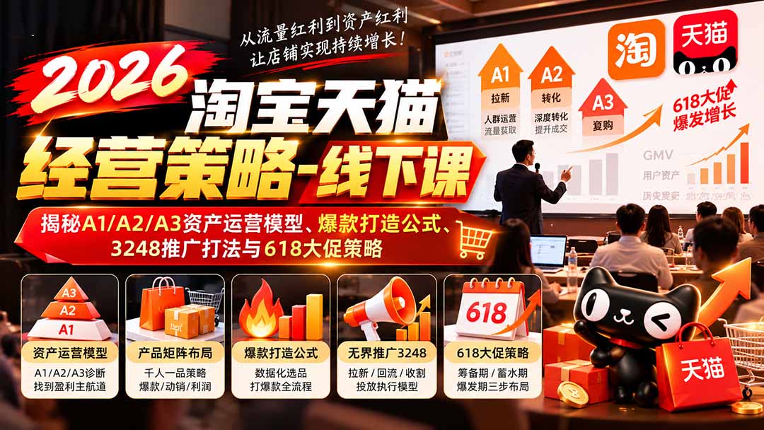 2026淘宝天猫经营策略-线下课-更新1019：揭秘A1/A2/A3资产运营模型、爆款打造公式、3248推广打法与618大促策略网络赚钱,项目资源网,副业资源网,兼职项目,网赚课程-副业赚钱-互联网创业-独家轻创IP大圣网创