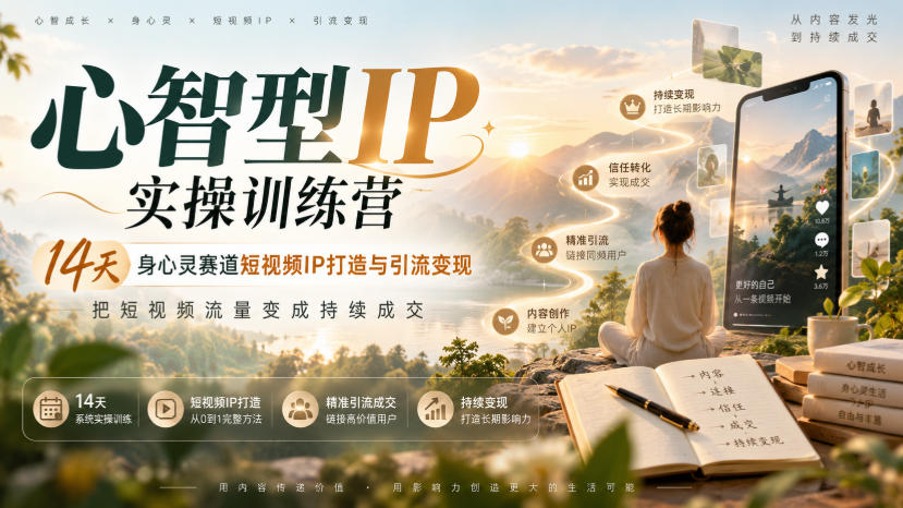 心智型IP实操训练营｜14天身心灵赛道短视频IP打造与引流变现，把短视频流量变成持续成交网络赚钱,项目资源网,副业资源网,兼职项目,网赚课程-副业赚钱-互联网创业-独家轻创IP大圣网创