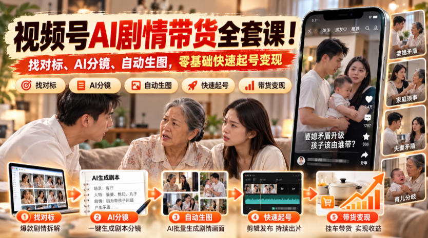视频号AI剧情带货全套课！找对标、AI分镜、自动生图，零基础快速起号变现网络赚钱,项目资源网,副业资源网,兼职项目,网赚课程-副业赚钱-互联网创业-独家轻创IP大圣网创