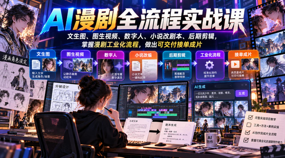 AI漫剧全流程实战课，文生图、图生视频、数字人、小说改剧本、后期剪辑，掌握漫剧工业化流程，做出可交付接单成片网络赚钱,项目资源网,副业资源网,兼职项目,网赚课程-副业赚钱-互联网创业-独家轻创IP大圣网创