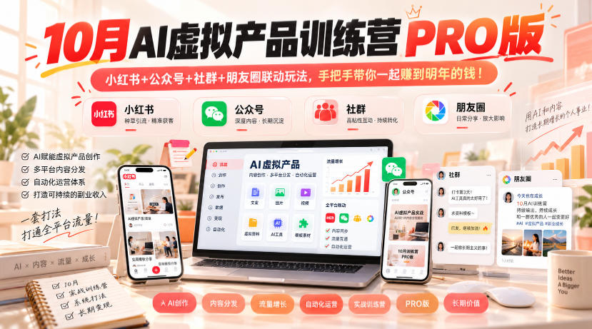 10月AI虚拟产品训练营PRO版，小红书+公众号+社群+朋友圈联动玩法，手把手带你一起赚到明年的钱！网络赚钱,项目资源网,副业资源网,兼职项目,网赚课程-副业赚钱-互联网创业-独家轻创IP大圣网创