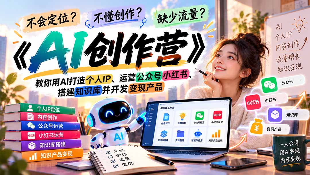 不会定位、不懂创作、缺少流量？《AI创作营》教你用AI打造个人IP、运营公众号小红书、搭建知识库并开发变现产品网络赚钱,项目资源网,副业资源网,兼职项目,网赚课程-副业赚钱-互联网创业-独家轻创IP大圣网创