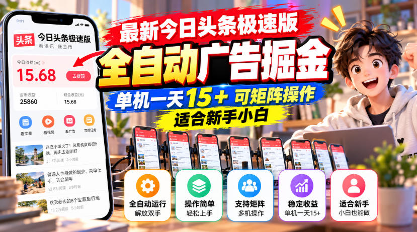 最新今日头条极速版全自动广告掘金,单机一天15+可矩阵操作适合新手小白网络赚钱,项目资源网,副业资源网,兼职项目,网赚课程-副业赚钱-互联网创业-独家轻创IP大圣网创