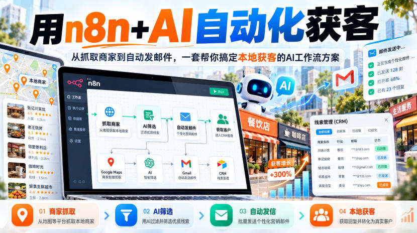 【无水印】用n8n+AI自动化获客，从抓取商家到自动发邮件，一套帮你搞定本地获客的AI工作流方案【原创双语字幕】网络赚钱,项目资源网,副业资源网,兼职项目,网赚课程-副业赚钱-互联网创业-独家轻创IP大圣网创