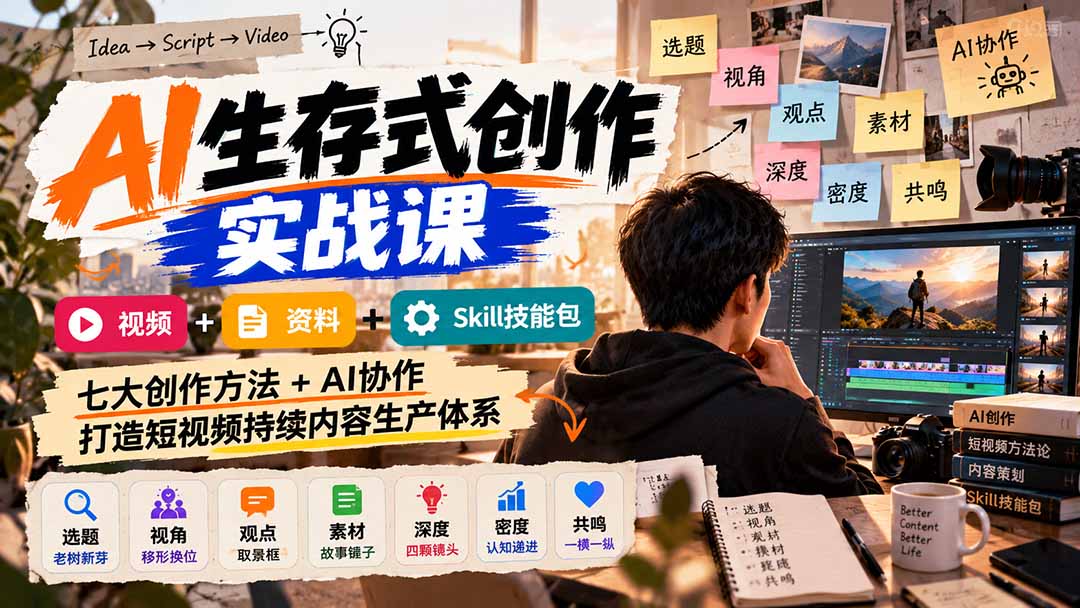 AI生存式创作实战课：视频+资料+Skill技能包，七大创作方法+AI协作，打造短视频持续内容生产体系网络赚钱,项目资源网,副业资源网,兼职项目,网赚课程-副业赚钱-互联网创业-独家轻创IP大圣网创