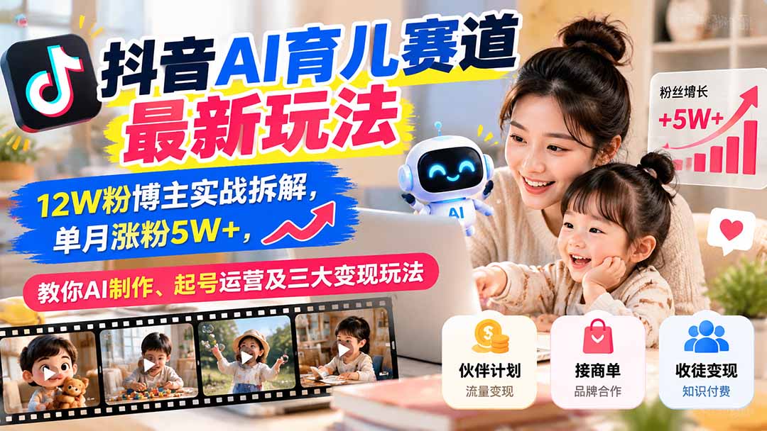 抖音AI育儿赛道最新玩法：12W粉博主实战拆解，单月涨粉5W+，教你AI制作、起号运营及三大变现玩法网络赚钱,项目资源网,副业资源网,兼职项目,网赚课程-副业赚钱-互联网创业-独家轻创IP大圣网创