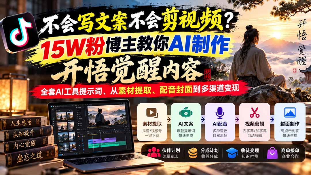 不会写文案不会剪视频？15W粉博主教你AI制作开悟觉醒内容，全套AI工具提示词、从素材提取、配音封面到多渠道变现网络赚钱,项目资源网,副业资源网,兼职项目,网赚课程-副业赚钱-互联网创业-独家轻创IP大圣网创