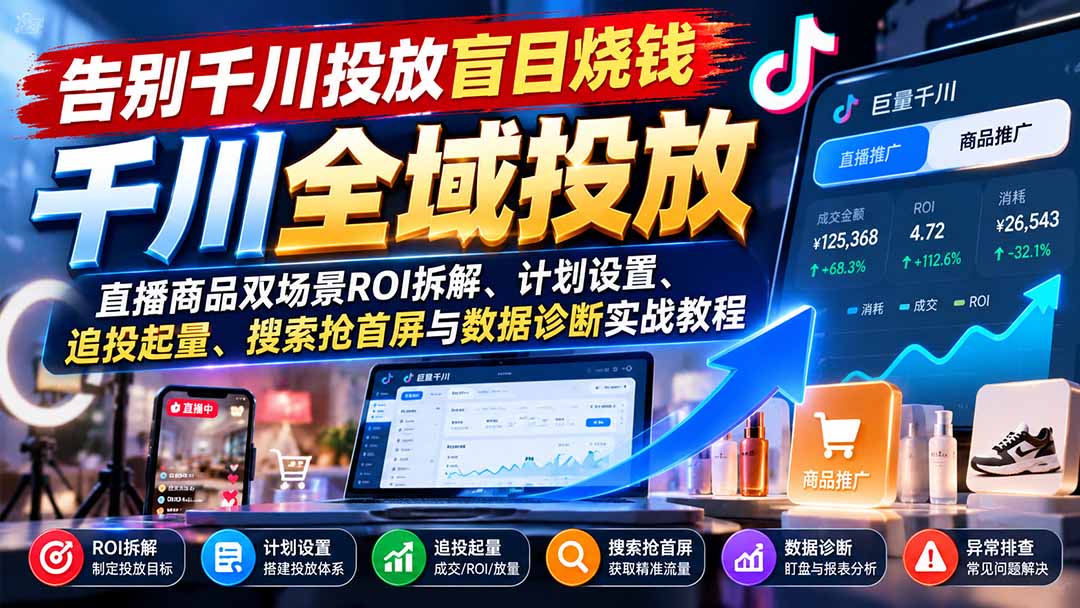 告别千川投放盲目烧钱:直播商品双场景ROI拆解、计划设置、追投起量、搜索抢首屏与数据诊断实战教程网络赚钱,项目资源网,副业资源网,兼职项目,网赚课程-副业赚钱-互联网创业-独家轻创IP大圣网创