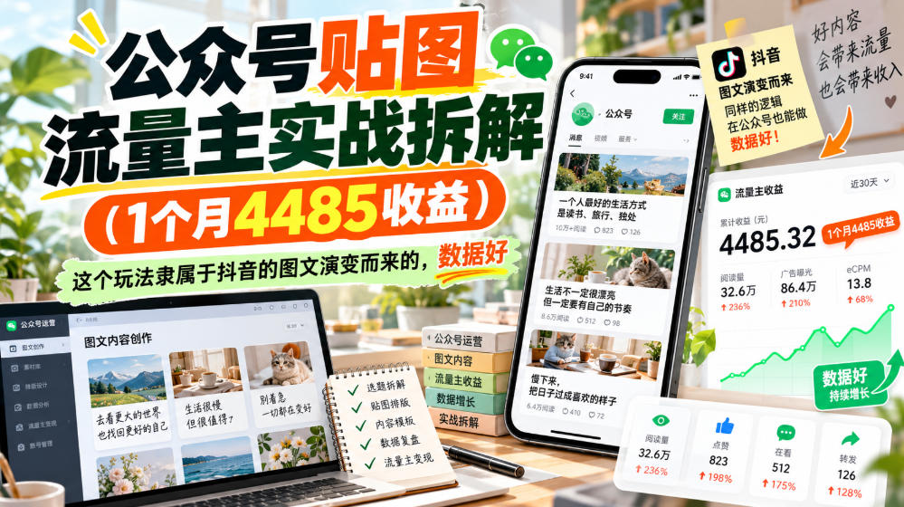 公众号贴图流量主实战拆解(1个月4485收益)，这个玩法隶属于抖音的图文演变而来的，数据好网络赚钱,项目资源网,副业资源网,兼职项目,网赚课程-副业赚钱-互联网创业-独家轻创IP大圣网创