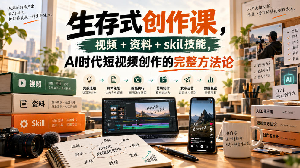 生存式创作课，视频+资料+skil技能，ai时代短视频创作的完整方法论网络赚钱,项目资源网,副业资源网,兼职项目,网赚课程-副业赚钱-互联网创业-独家轻创IP大圣网创