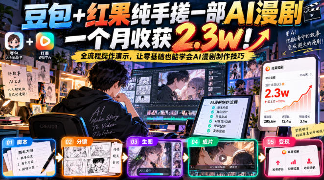 豆包+红果纯手搓一部AI漫剧一个月收获2.3w！全流程操作演示，让零基础也能学会AI漫剧制作技巧网络赚钱,项目资源网,副业资源网,兼职项目,网赚课程-副业赚钱-互联网创业-独家轻创IP大圣网创