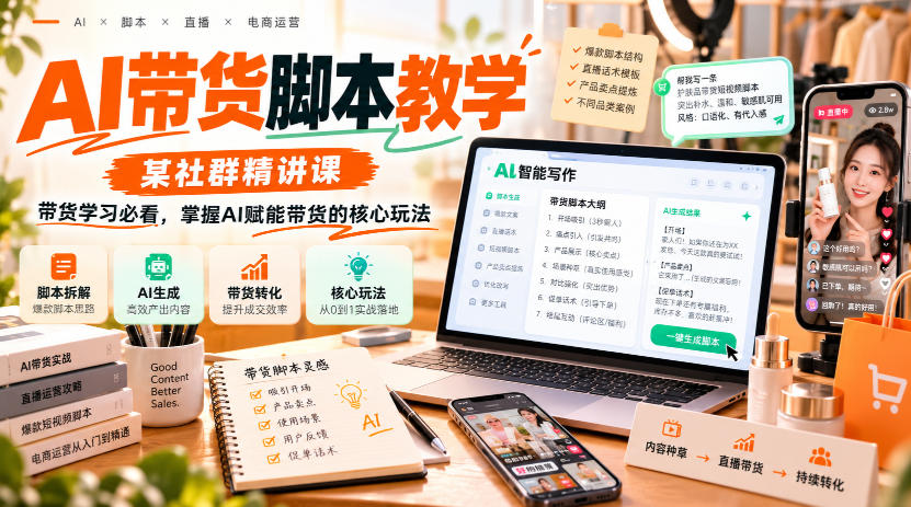 AI带货脚本教学，某社群精讲课，带货学习必看，掌握AI赋能带货的核心玩法网络赚钱,项目资源网,副业资源网,兼职项目,网赚课程-副业赚钱-互联网创业-独家轻创IP大圣网创