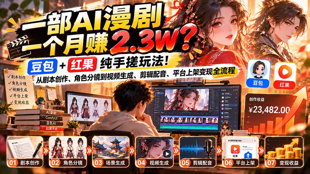 一部AI漫剧一个月赚2.3W？豆包+红果纯手搓玩法！从剧本创作、角色分镜到视频生成、剪辑配音、平台上架变现全流程网络赚钱,项目资源网,副业资源网,兼职项目,网赚课程-副业赚钱-互联网创业-独家轻创IP大圣网创