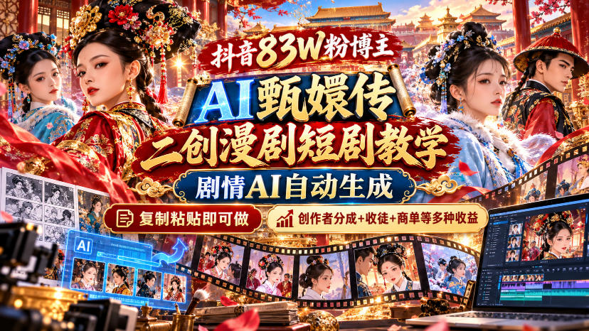 抖音83W粉博主AI甄嬛传二创漫剧短剧教学｜剧情AI自动生成，复制粘贴即可做，各大平台创作者分成+收徒等多种收益网络赚钱,项目资源网,副业资源网,兼职项目,网赚课程-副业赚钱-互联网创业-独家轻创IP大圣网创