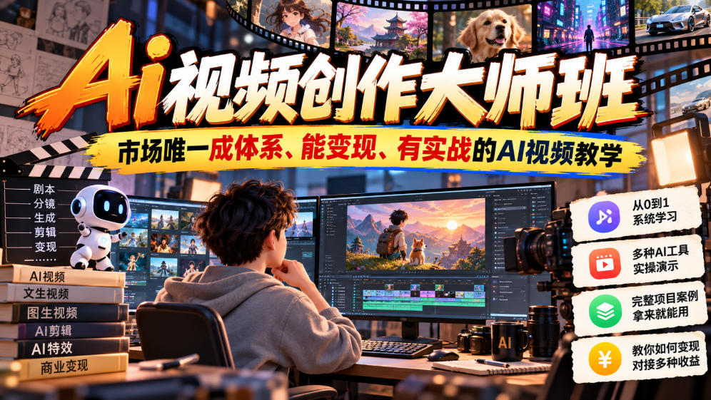Ai视频创作大师班，市场唯一成体系、能变现、有实战的AI视频教学(更新2026)网络赚钱,项目资源网,副业资源网,兼职项目,网赚课程-副业赚钱-互联网创业-独家轻创IP大圣网创